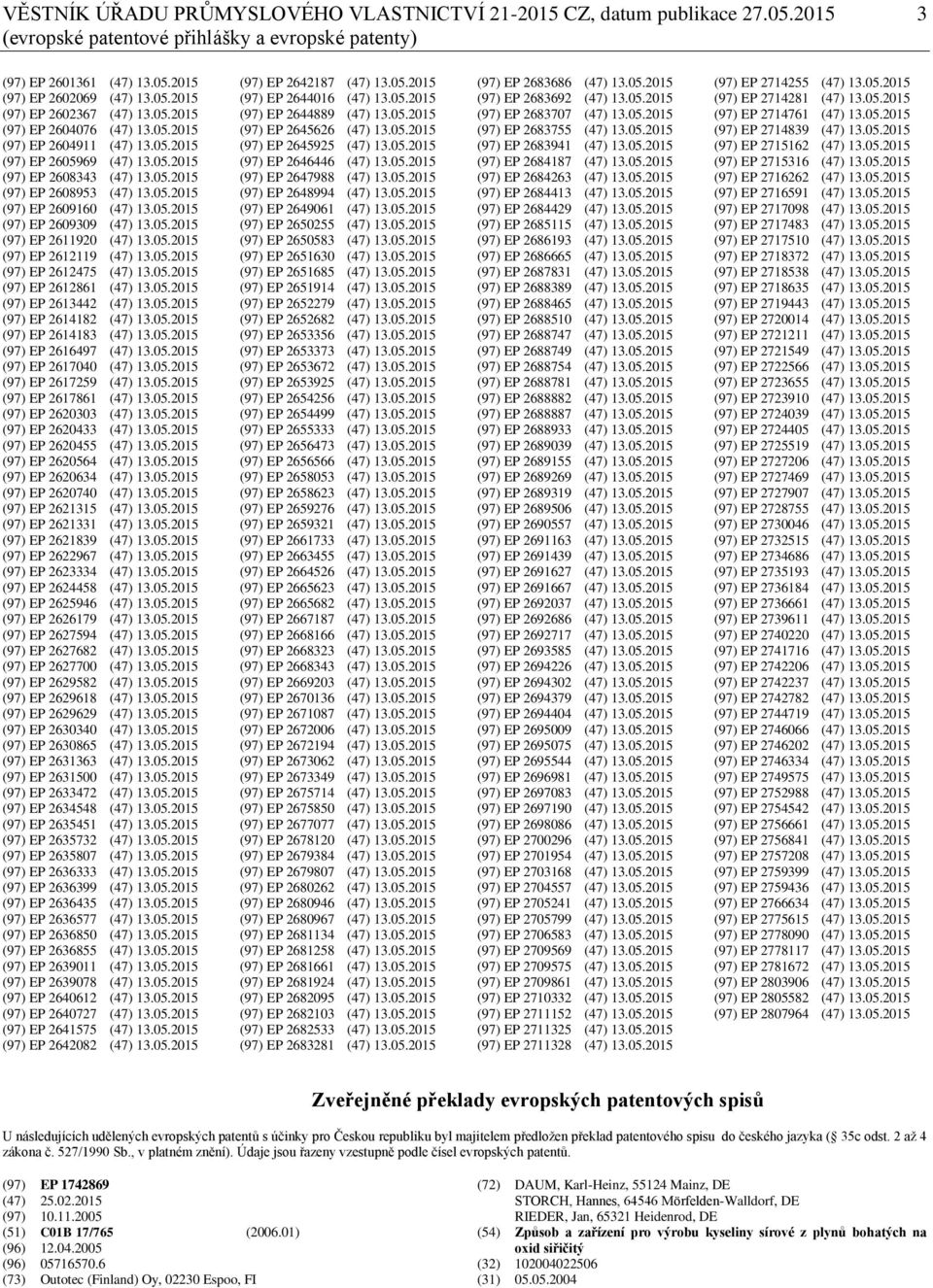 05.2015 (97) EP 2611920 (47) 13.05.2015 (97) EP 2612119 (47) 13.05.2015 (97) EP 2612475 (47) 13.05.2015 (97) EP 2612861 (47) 13.05.2015 (97) EP 2613442 (47) 13.05.2015 (97) EP 2614182 (47) 13.05.2015 (97) EP 2614183 (47) 13.