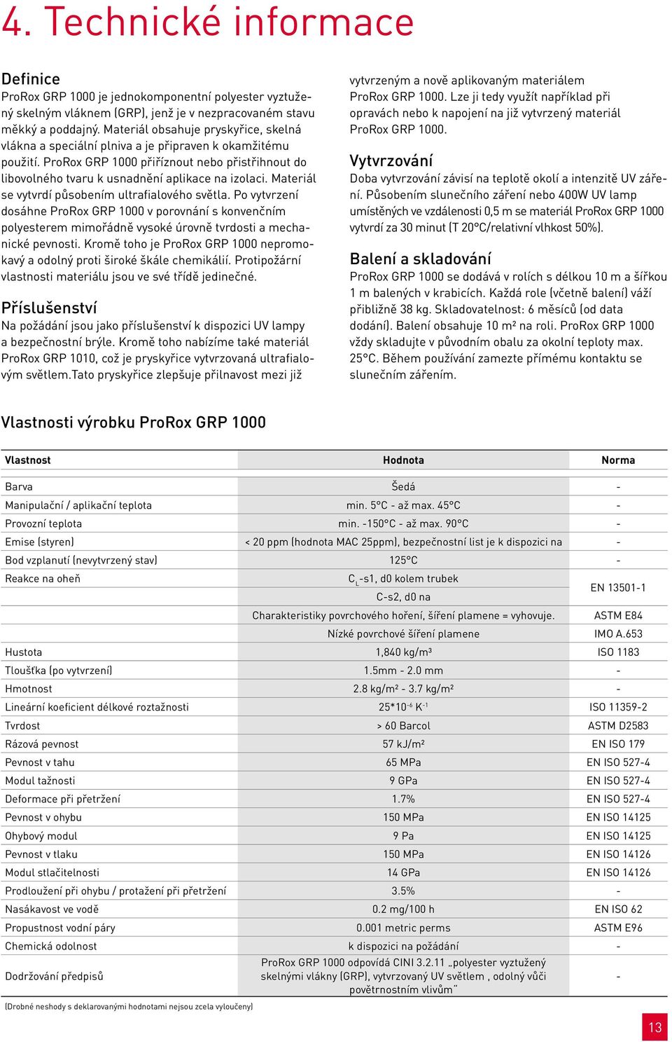 Materiál se vytvrdí působením ultrafialového světla. Po vytvrzení dosáhne ProRox GRP 1000 v porovnání s konvenčním polyesterem mimořádně vysoké úrovně tvrdosti a mechanické pevnosti.