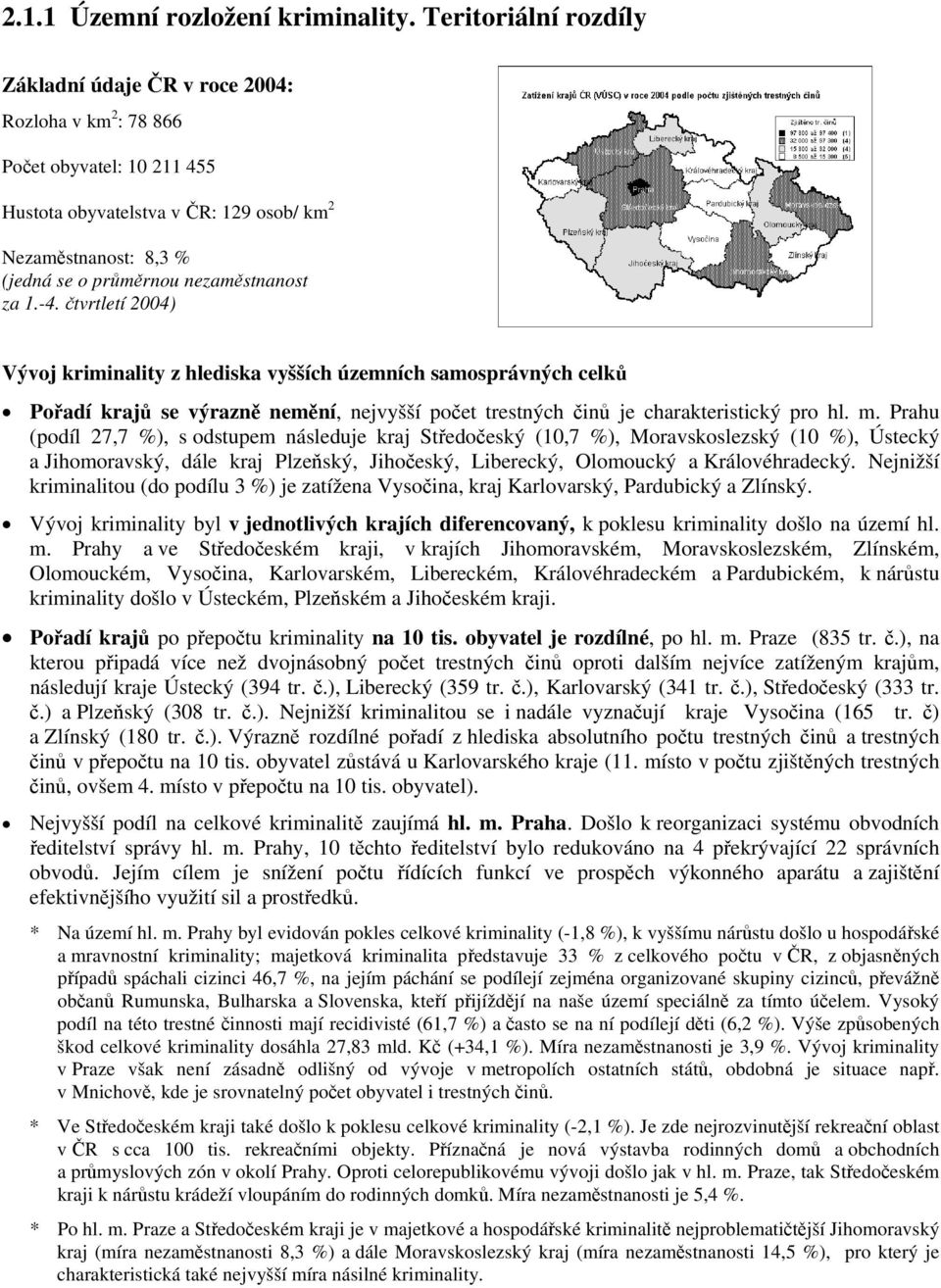 nezaměstnanost za 1.-4. čtvrtletí 2004) Vývoj kriminality z hlediska vyšších územních samosprávných celků Pořadí krajů se výrazně nemění, nejvyšší počet trestných činů je charakteristický pro hl. m.