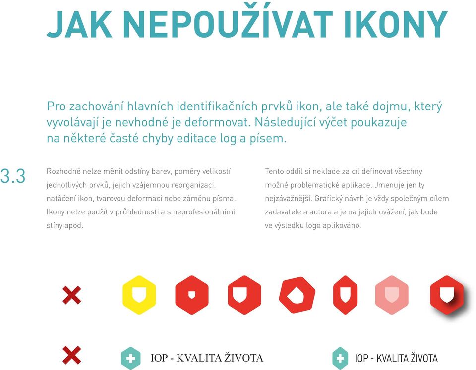 3 Rozhodně nelze měnit odstíny barev, poměry velikostí jednotlivých prvků, jejich vzájemnou reorganizaci, natáčení ikon, tvarovou deformaci nebo záměnu písma.