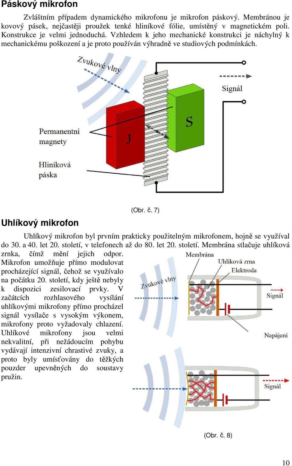 7) Uhlíkový mikrofon byl prvním prakticky použitelným mikrofonem, hojně se využíval do 30. a 40. let 20. století, v telefonech až do 80. let 20. století. Membrána stlačuje uhlíková zrnka, čímž mění jejich odpor.