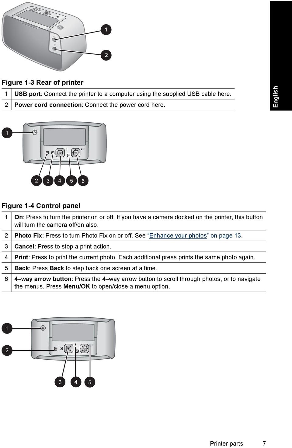 2 Photo Fix: Press to turn Photo Fix on or off. See Enhance your photos on page 13. 3 Cancel: Press to stop a print action. 4 Print: Press to print the current photo.