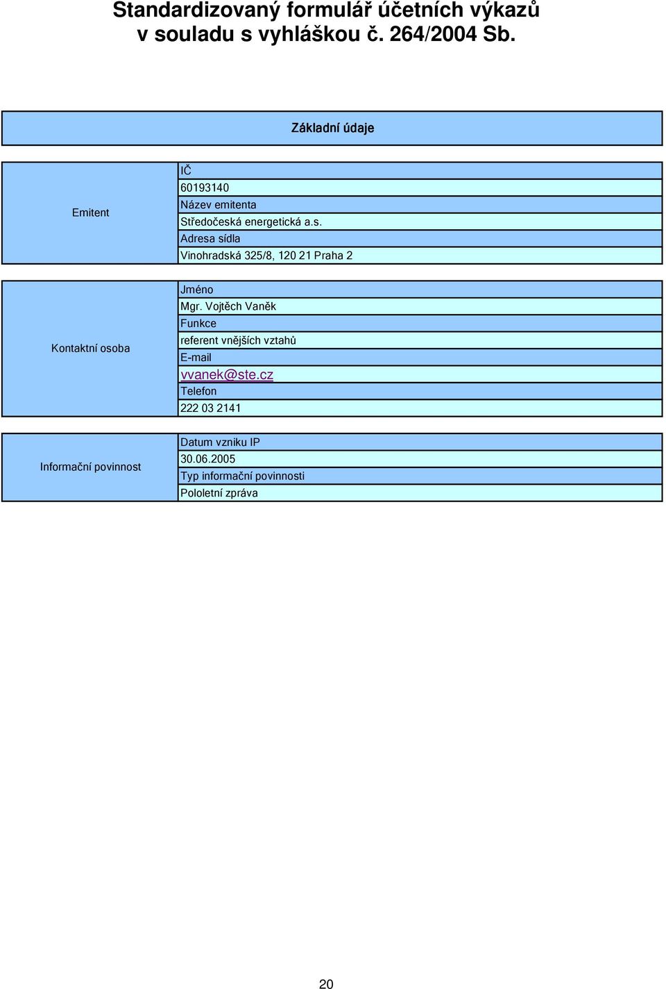 á energetická a.s. Adresa sídla Vinohradská 325/8, 120 21 Praha 2 Kontaktní osoba Jméno Mgr.