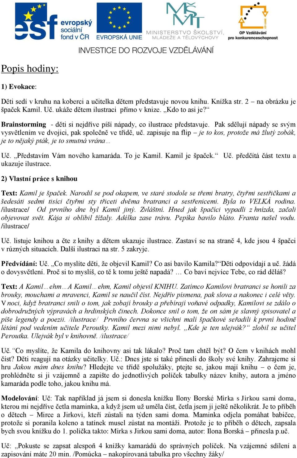 zapisuje na flip je to kos, protože má žlutý zobák, je to nějaký pták, je to smutná vrána Uč. Představím Vám nového kamaráda. To je Kamil. Kamil je špaček. Uč. předčítá část textu a ukazuje ilustrace.