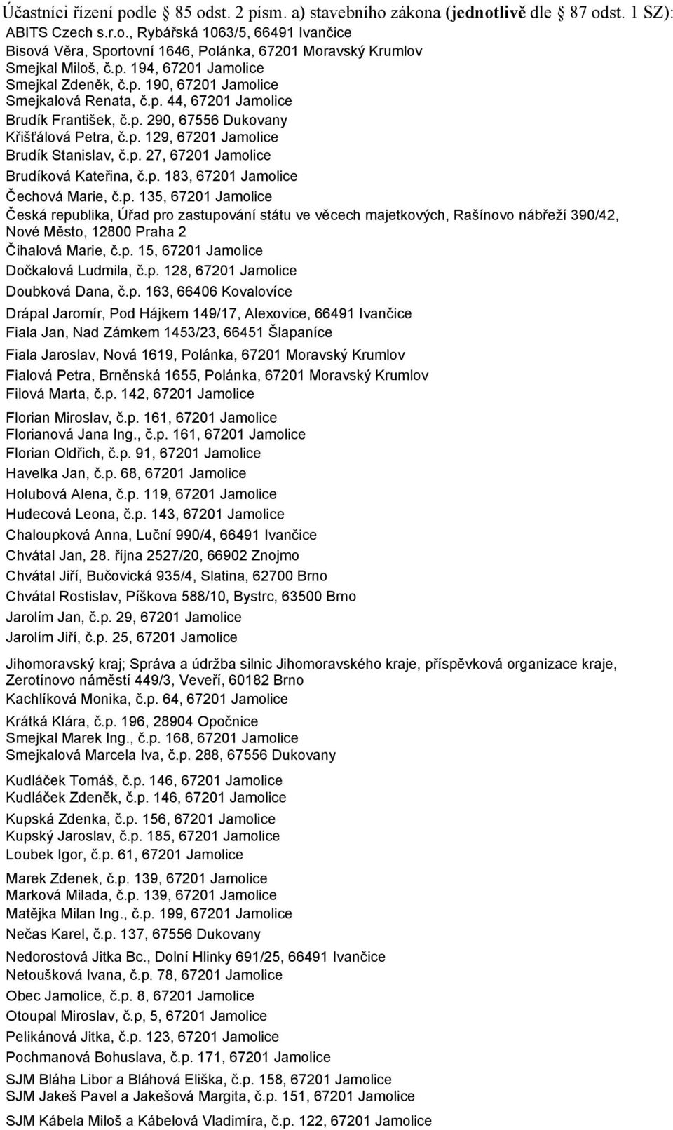 p. 27, 67201 Jamolice Brudíková Kateřina, č.p. 183, 67201 Jamolice Čechová Marie, č.p. 135, 67201 Jamolice Česká republika, Úřad pro zastupování státu ve věcech majetkových, Rašínovo nábřeží 390/42, Nové Město, 12800 Praha 2 Čihalová Marie, č.