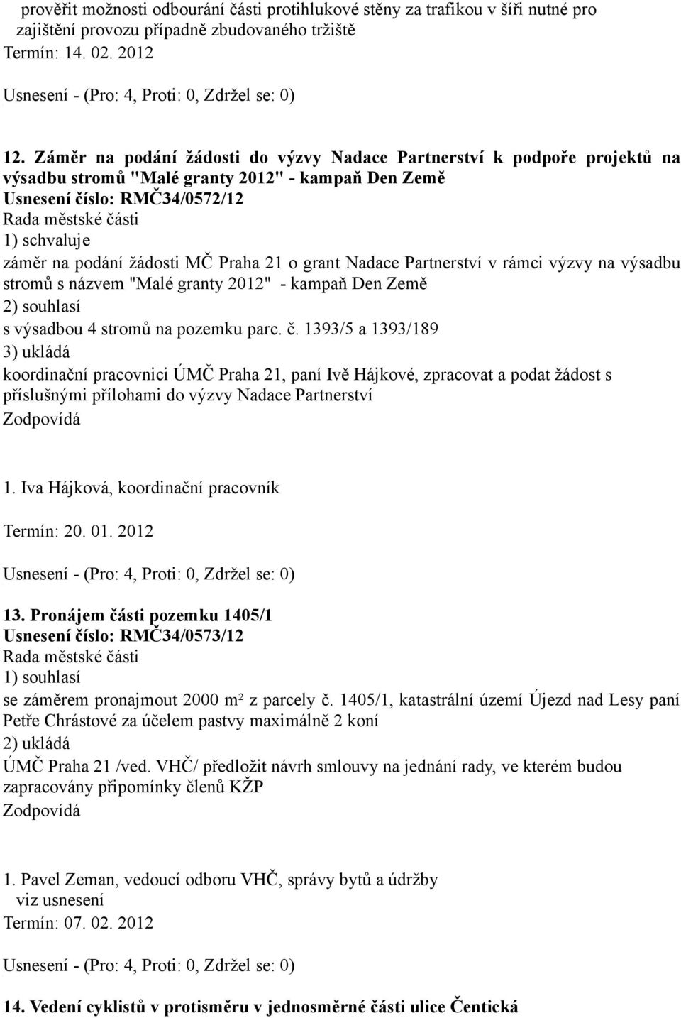 Nadace Partnerství v rámci výzvy na výsadbu stromů s názvem "Malé granty 2012" - kampaň Den Země 2) souhlasí s výsadbou 4 stromů na pozemku parc. č.