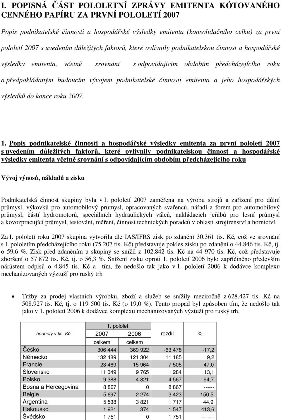 podnikatelské činnosti emitenta a jeho hospodářských výsledků do konce roku 2007. 1.