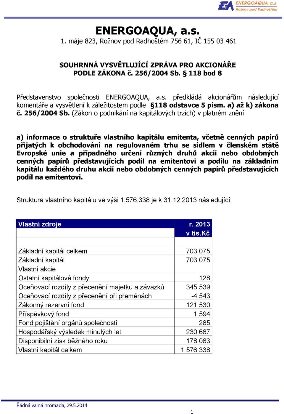 (Zákon o podnikání na kapitálových trzích) v platném znění a) informace o struktuře vlastního kapitálu emitenta, včetně cenných papírů přijatých k obchodování na regulovaném trhu se sídlem v členském