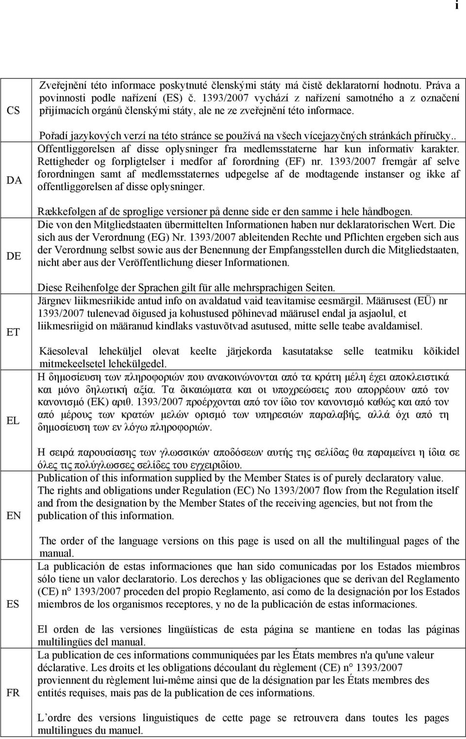 Pořadí jazykových verzí na této stránce se používá na všech vícejazyčných stránkách příručky.. Offentliggørelsen af disse oplysninger fra medlemsstaterne har kun informativ karakter.