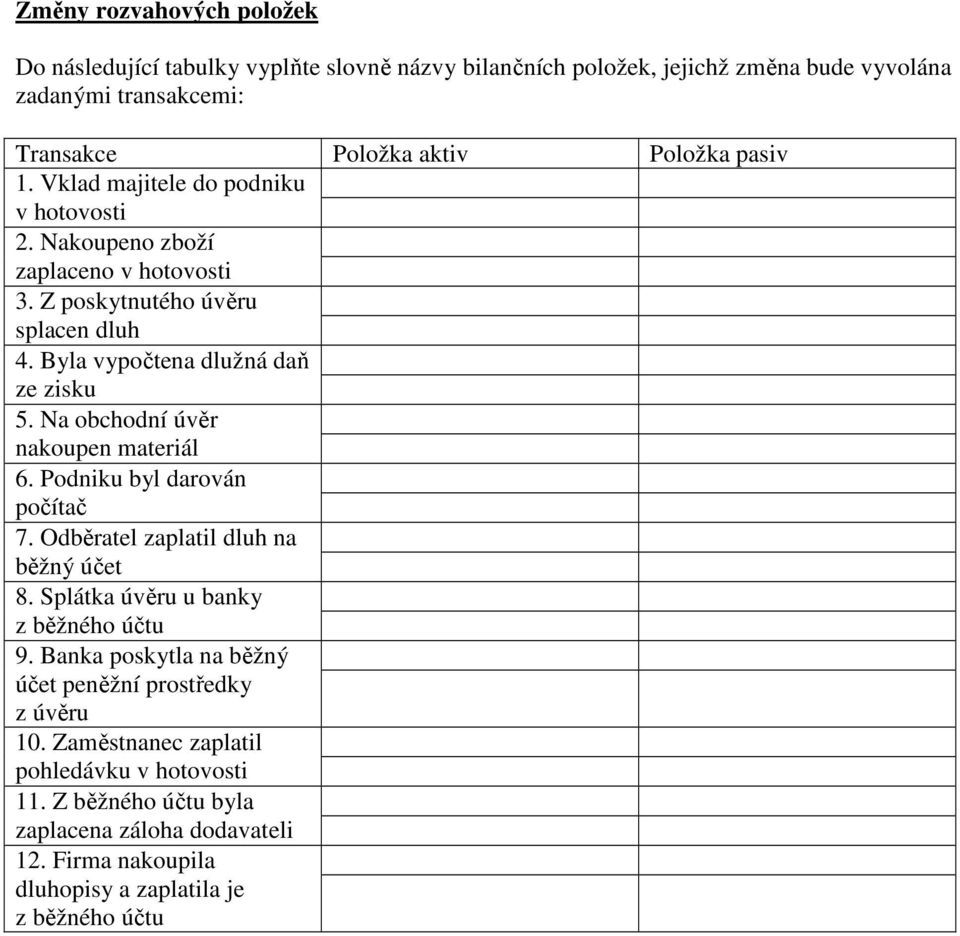 Na obchodní úvěr nakoupen materiál 6. Podniku byl darován počítač 7. Odběratel zaplatil dluh na běžný účet 8. Splátka úvěru u banky z běžného účtu 9.