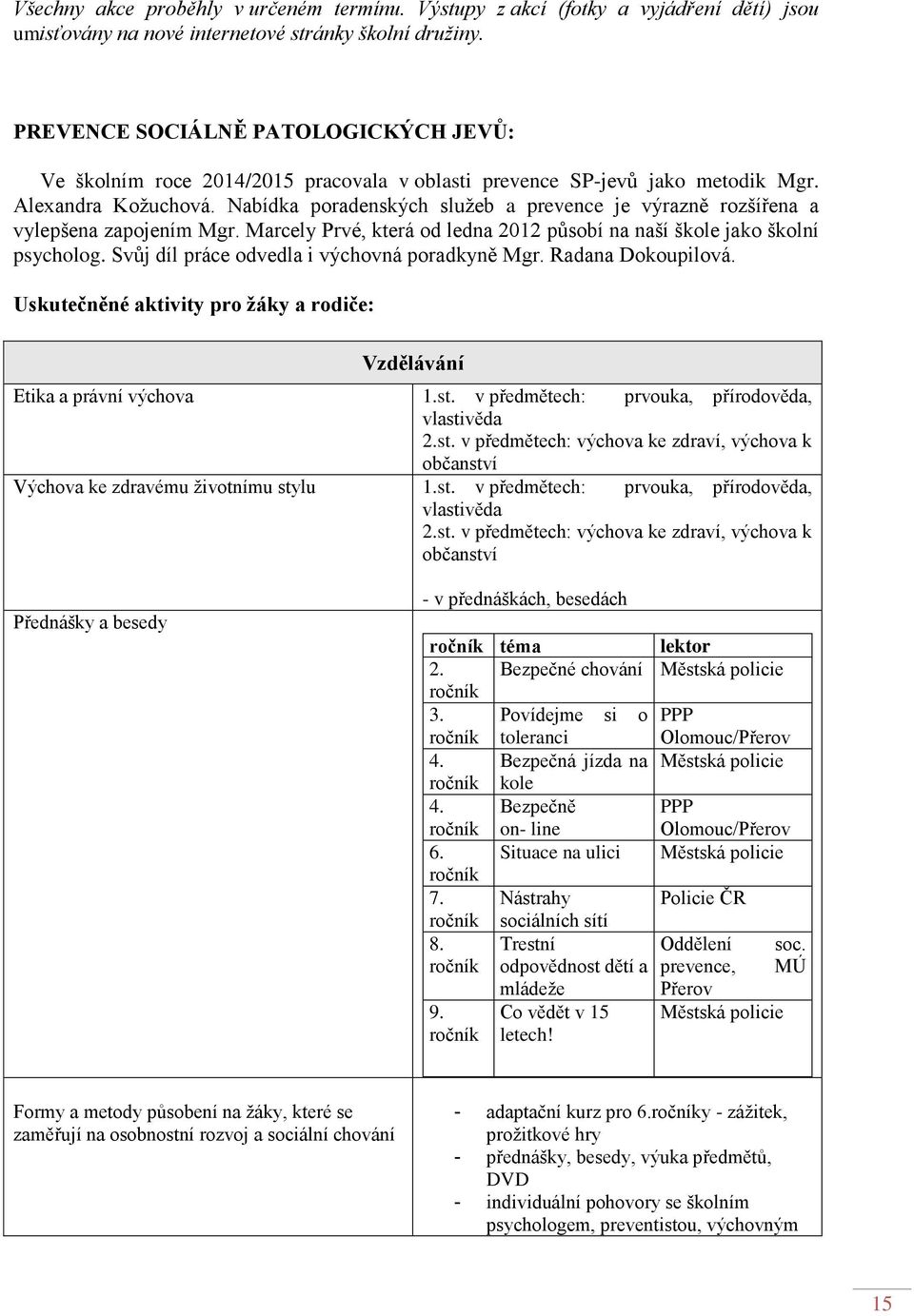 Nabídka poradenských služeb a prevence je výrazně rozšířena a vylepšena zapojením Mgr. Marcely Prvé, která od ledna 2012 působí na naší škole jako školní psycholog.