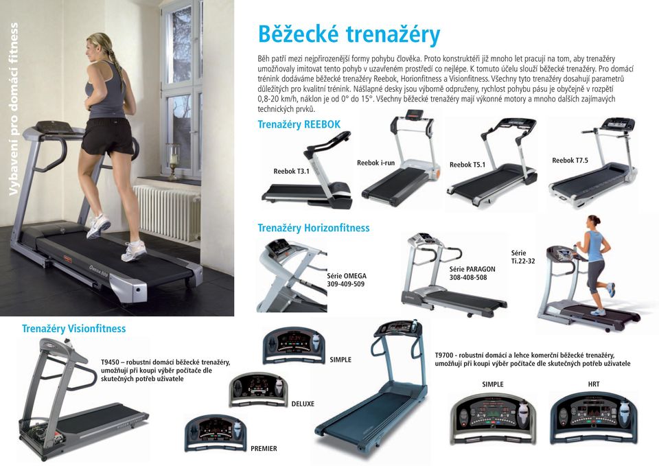 Pro domácí trénink dodáváme běžecké trenažéry Reebok, Horionfitness a Visionfitness. Všechny tyto trenažéry dosahují parametrů důležitých pro kvalitní trénink.