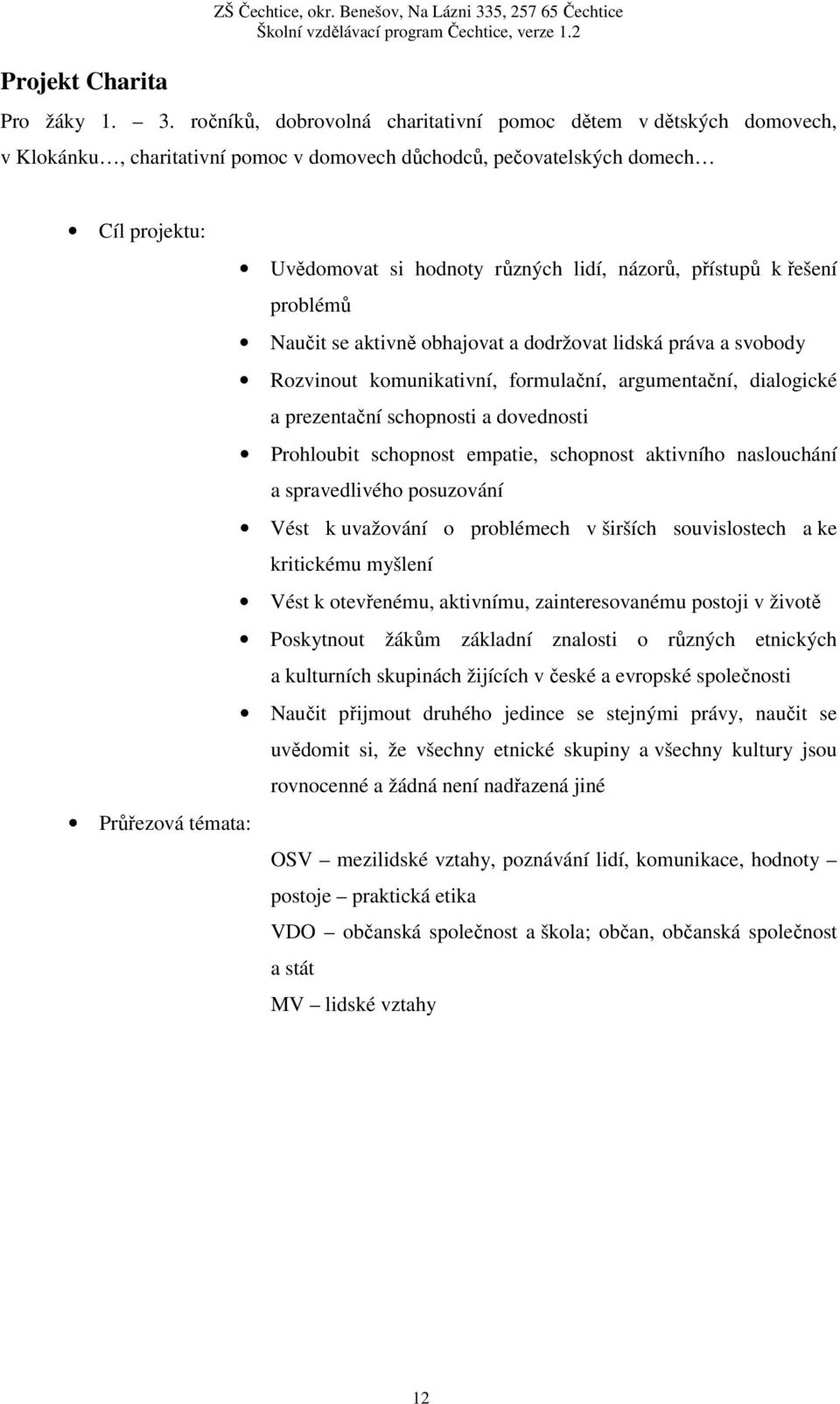 ročníků, dobrovolná charitativní pomoc dětem v dětských domovech, v Klokánku, charitativní pomoc v domovech důchodců, pečovatelských domech Cíl projektu: Uvědomovat si hodnoty různých lidí, názorů,