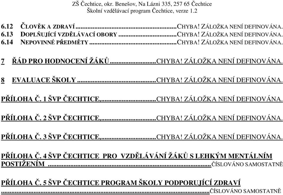 ..CHYBA! ZÁLOŽKA NENÍ DEFINOVÁNA. PŘÍLOHA Č. 3 ŠVP ČECHTICE,...CHYBA! ZÁLOŽKA NENÍ DEFINOVÁNA. PŘÍLOHA Č. 4 ŠVP ČECHTICE PRO VZDĚLÁVÁNÍ ŽÁKŮ S LEHKÝM MENTÁLNÍM POSTIŽENÍM.