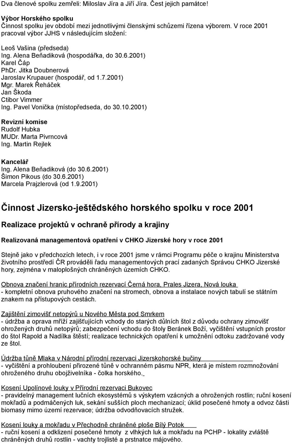 2001) Mgr. Marek Řeháček Jan Škoda Ctibor Vimmer Ing. Pavel Vonička (místopředseda, do 30.10.2001) Revizní komise Rudolf Hubka MUDr. Marta Pivrncová Ing. Martin Rejlek Kancelář Ing.