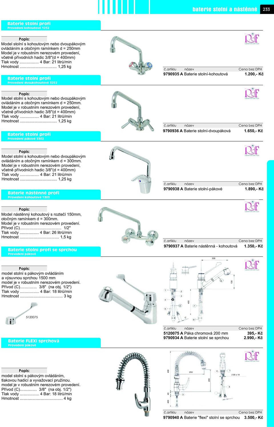 200,- Kè Model stolní s kohoutovým nebo dvoupákovým ovládáním a otoèným ramínkem d = 250mm. Model je v robustním ovém provedení, vèetnì pøívodních hadic 3/8"(d = 400mm) Tlak vody.