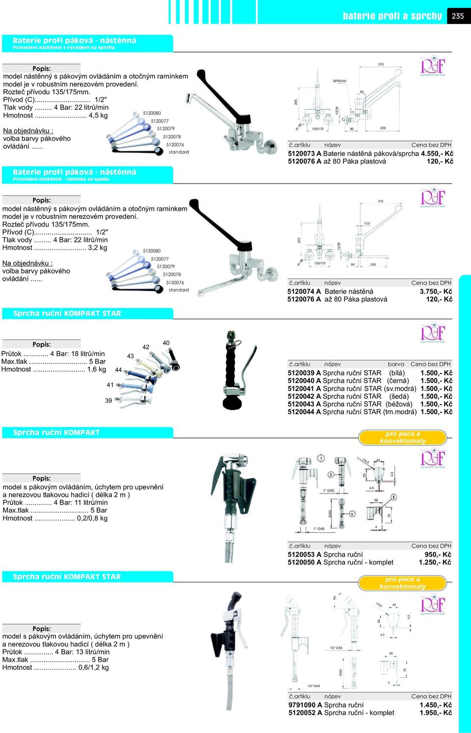 .. Baterie profi páková - nástìnná Provedení nástìnné - ramínko ze spodu 5120077 5120079 5120078 5120076 standard 205 pr.