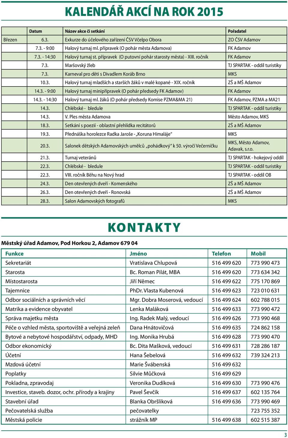 2. MKS Datum Pořadatel Březen 6.3. Exkurze do účelového zařízení ČSV Včelpo Obora ZO ČSV Adamov 7.3. - 9:00 Halový turnaj ml. přípravek (O pohár města Adamova) FK Adamov 7.3. - 14:30 Halový turnaj st.