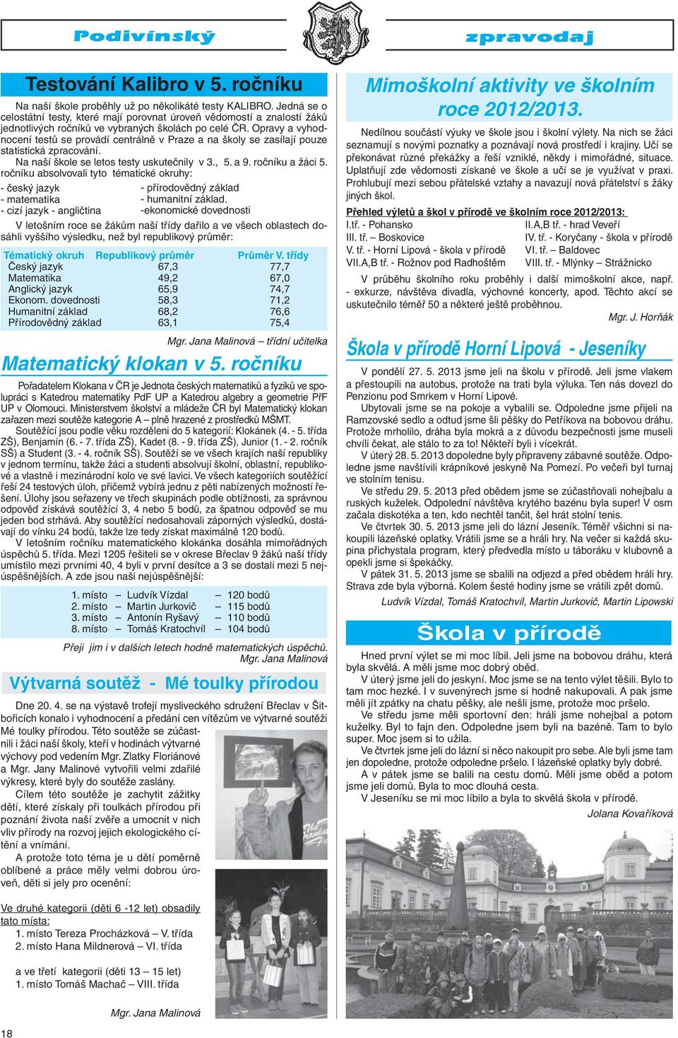 Opravy a vyhodnocení testů se provádí centrálně v Praze a na školy se zasílají pouze statistická zpracování. Na naší škole se letos testy uskutečnily v 3., 5. a 9. ročníku a žáci 5.