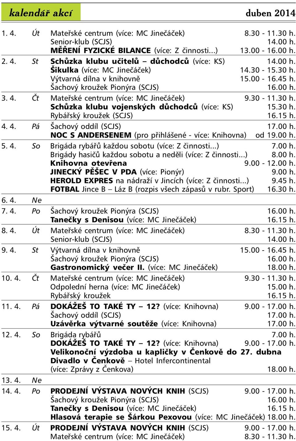 30 h. Rybářský kroužek (SCJS) 16.15 h. 4. 4. Pá Šachový oddíl (SCJS) 17.00 h. NOC S ANDERSENEM (pro přihlášené - více: Knihovna) od 19.00 h. 5. 4. So Brigáda rybářů každou sobotu (více: Z činnosti.