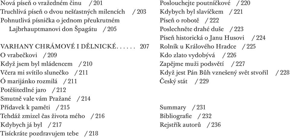 Tehdáž zmizel čas života mého / 216 Kdybych já byl / 217 Tisíckráte pozdravujem tebe / 218 Poslouchejte poutníčkové / 220 Kdybych byl slavíčkem / 221 Píseň o robotě / 222 Poslechněte drahé duše / 223