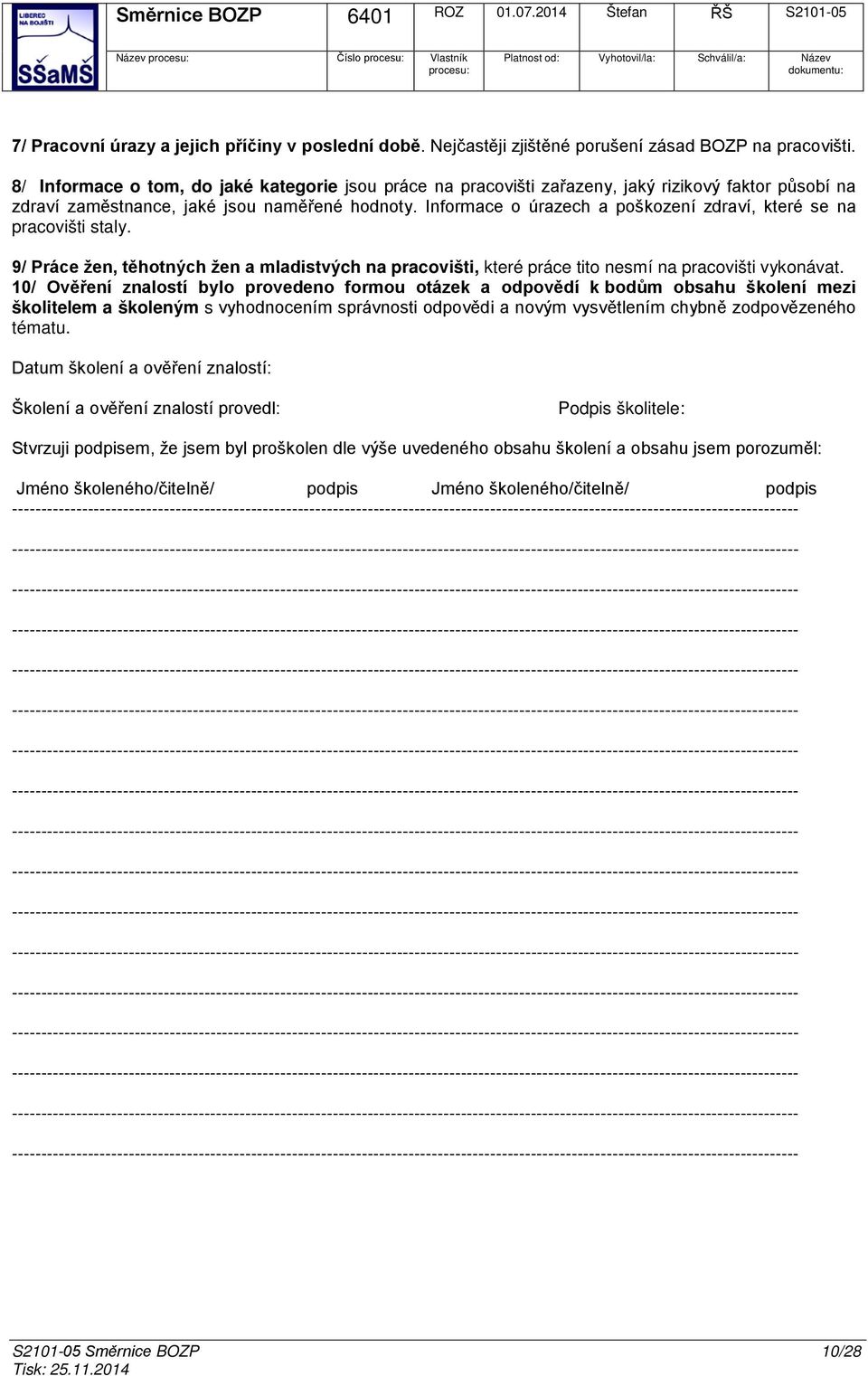 Infrmace úrazech a pškzení zdraví, které se na pracvišti staly. 9/ Práce žen, těhtných žen a mladistvých na pracvišti, které práce tit nesmí na pracvišti vyknávat.