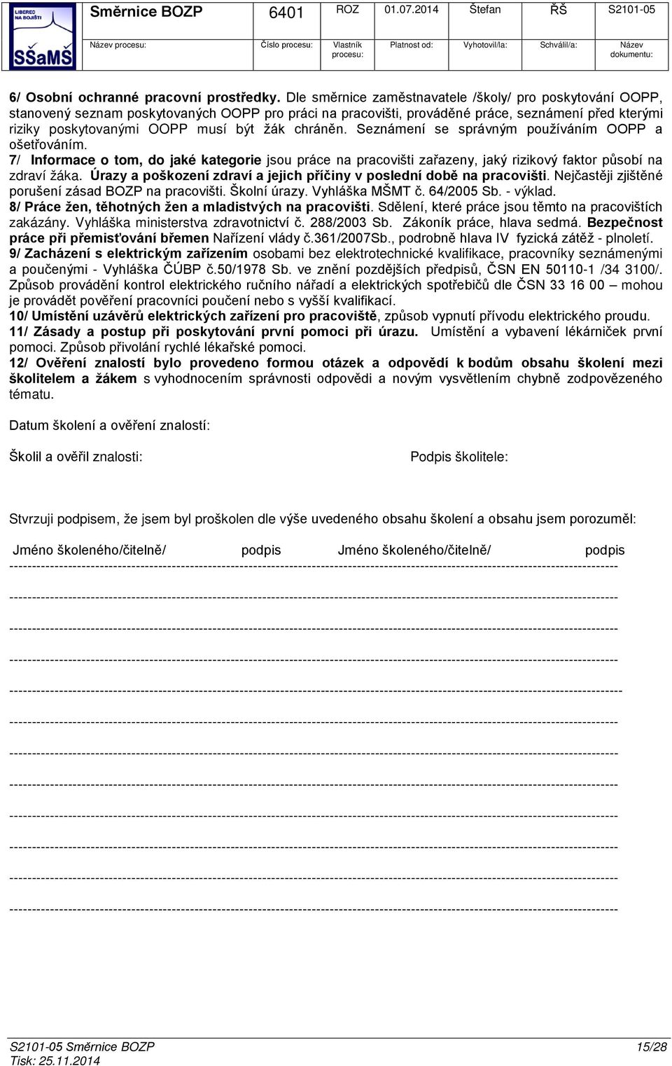 Seznámení se správným pužíváním OOPP a šetřváním. 7/ Infrmace tm, d jaké kategrie jsu práce na pracvišti zařazeny, jaký rizikvý faktr půsbí na zdraví žáka.