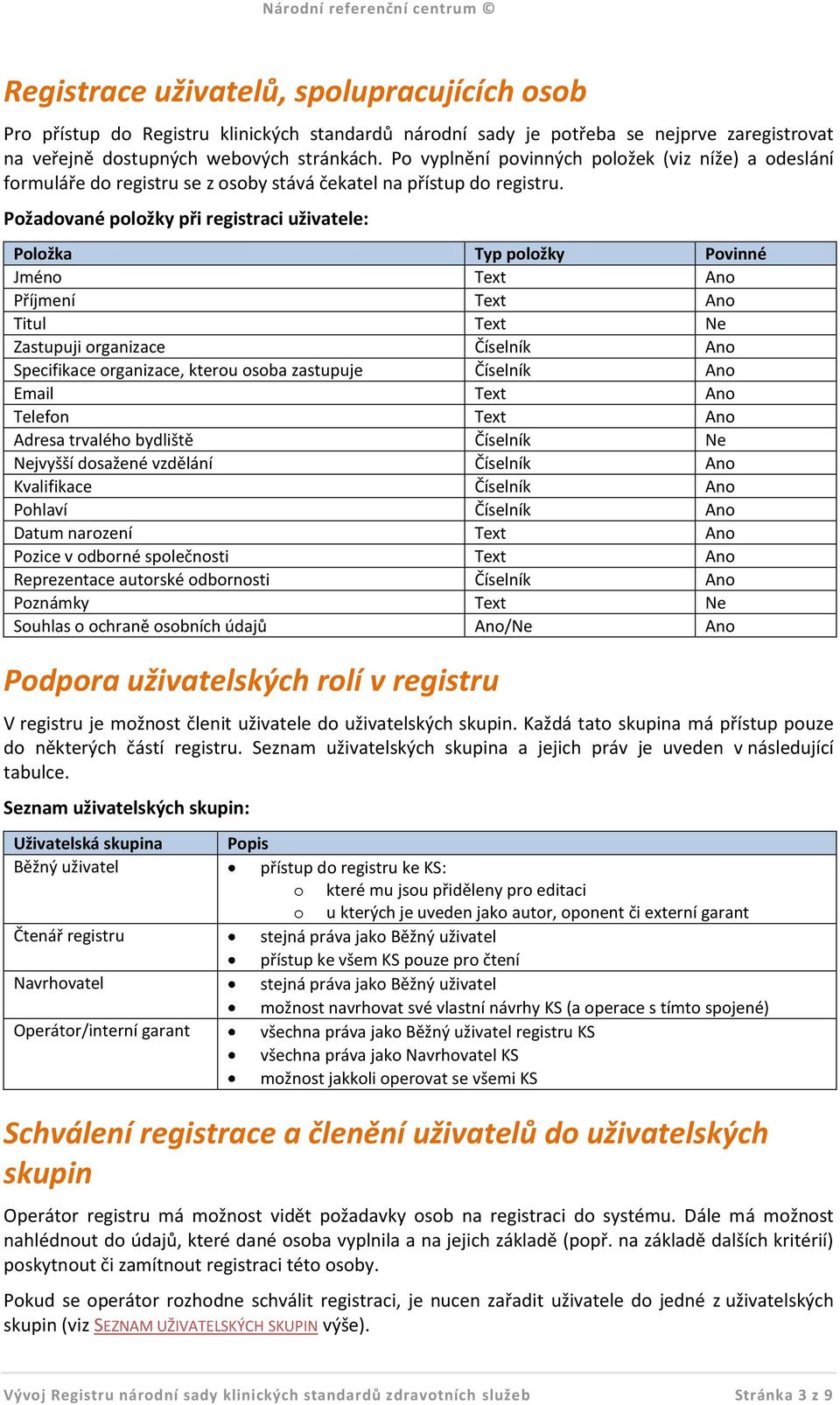 Požadované položky při registraci uživatele: Položka Typ položky Povinné Jméno Ano Příjmení Ano Titul Zastupuji organizace Číselník Ano Specifikace organizace, kterou osoba zastupuje Číselník Ano