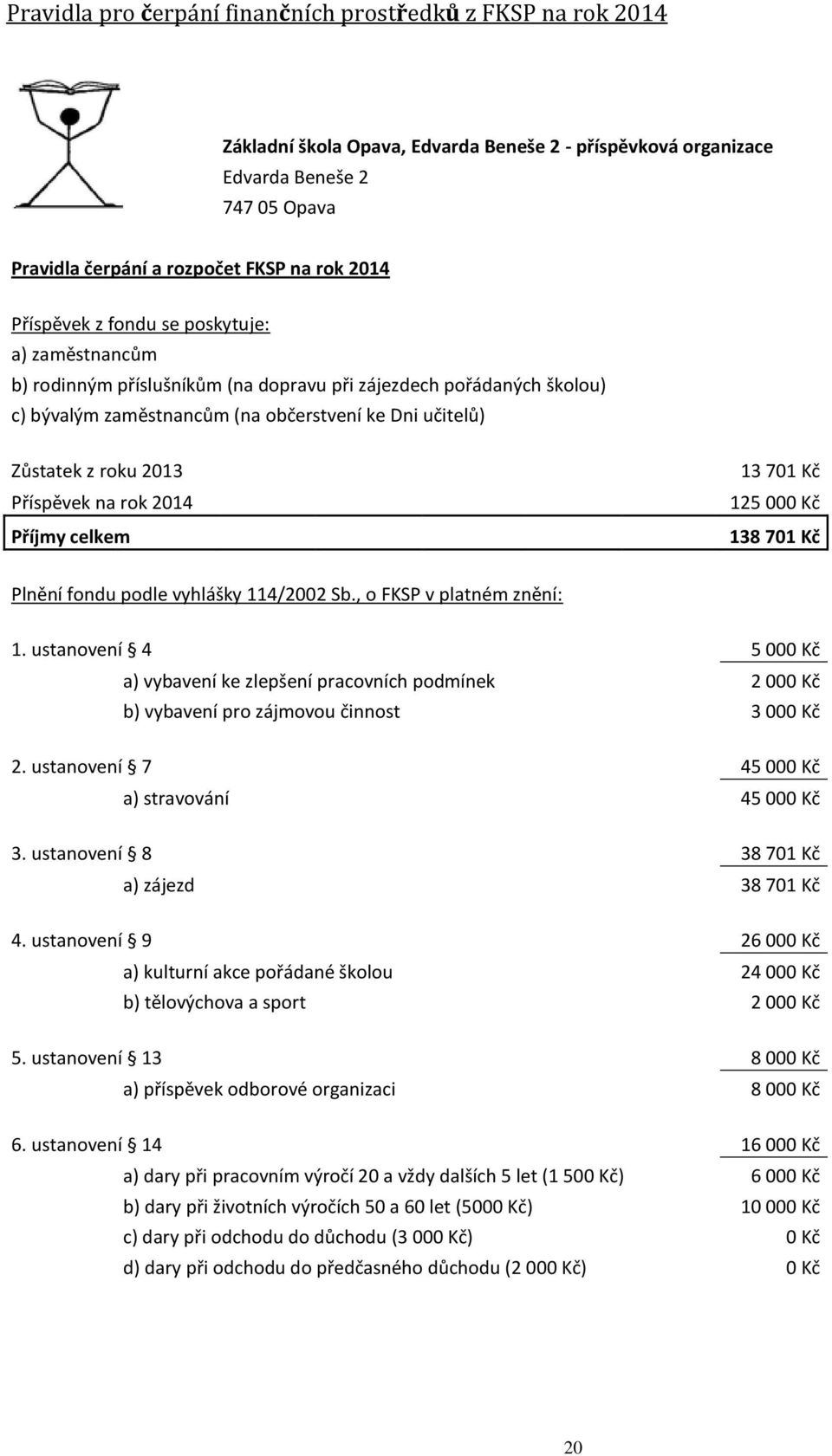 Příspěvek na rok 2014 Příjmy celkem 13 701 Kč 125 000 Kč 138 701 Kč Plnění fondu podle vyhlášky 114/2002 Sb., o FKSP v platném znění: 1.