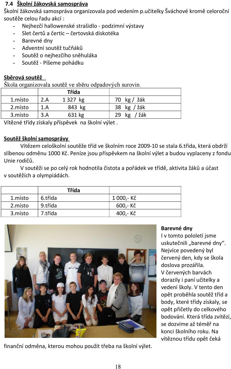 nejhezčího sněhuláka Soutěž Píšeme pohádku Sběrová soutěž Škola organizovala soutěž ve sběru odpadových surovin. Třída.místo 2.A 327 kg 7 kg / žák 2.místo.A 843 kg 38 kg / žák 3.místo 3.