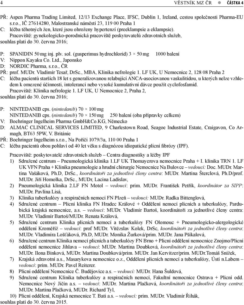 Pracoviště: gynekologicko-porodnická pracoviště poskytovatelů zdravotních služeb, souhlas platí do 30. června 2016; P: SPANIDIN 50 mg inj. plv. sol.