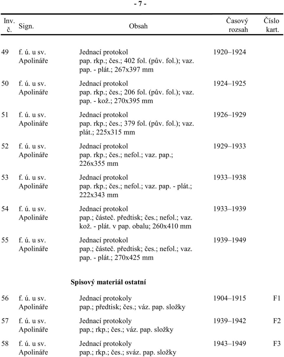 ú. u sv. Jednací protokol pap. rkp.; es.; nefol.; vaz. pap. - plát.; 222x343 mm 1933 1938 54 f. ú. u sv. Jednací protokol pap.; áste p edtisk; es.; nefol.; vaz. kož. - plát. v pap.