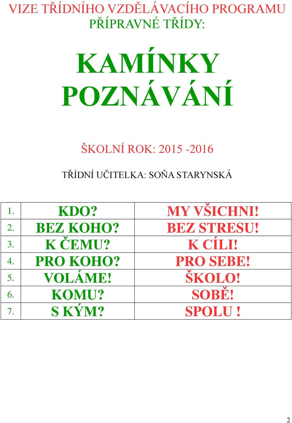 KDO? MY VŠICHNI! 2. BEZ KOHO? BEZ STRESU! 3. K ČEMU? K CÍLI! 4.