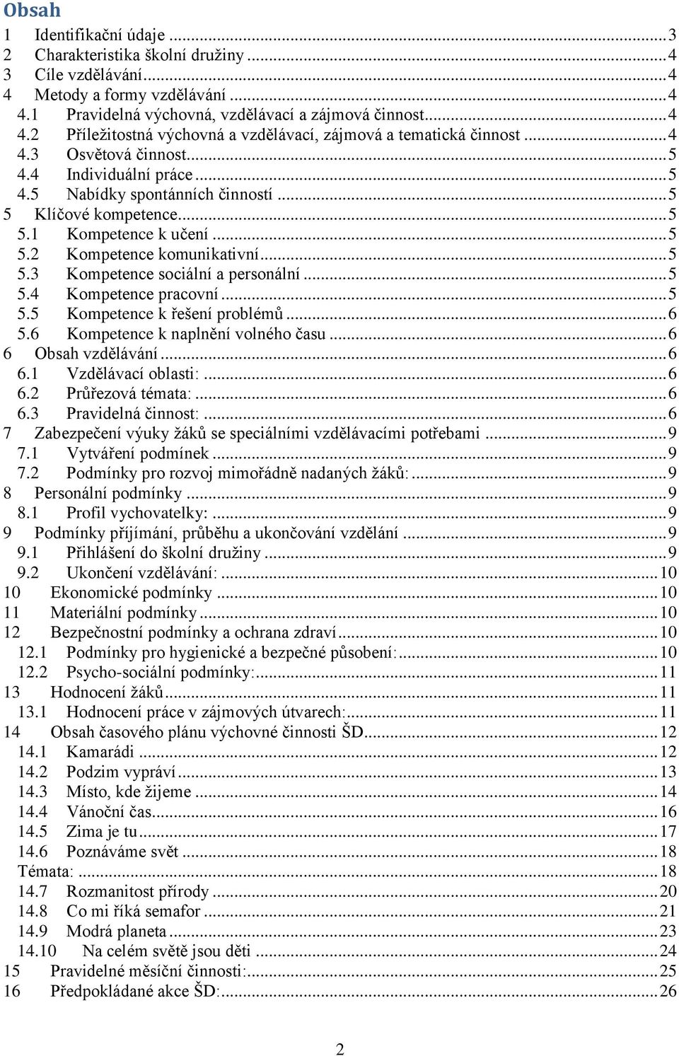 .. 5 5.4 Kompetence pracovní... 5 5.5 Kompetence k řešení problémů... 6 5.6 Kompetence k naplnění volného času... 6 6 Obsah vzdělávání... 6 6.1 Vzdělávací oblasti:... 6 6.2 Průřezová témata:... 6 6.3 Pravidelná činnost:.