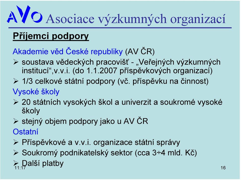 příspěvku na činnost) Vysoké školy 20 státních vysokých škol a univerzit a soukromé vysoké školy stejný objem