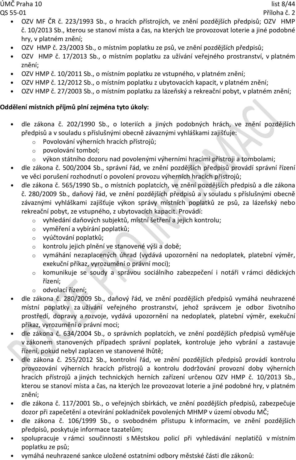 , místním pplatku za užívání veřejnéh prstranství, v platném znění; OZV HMP č. 10/2011 Sb., místním pplatku ze vstupnéh, v platném znění; OZV HMP č. 12/2012 Sb.