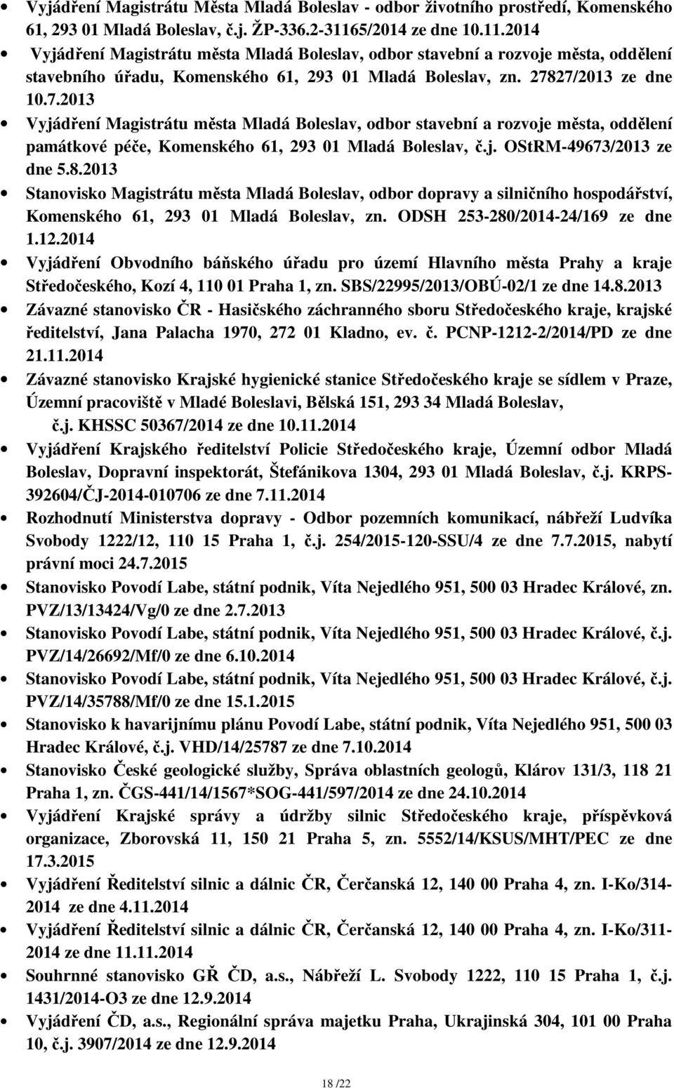 27/2013 ze dne 10.7.2013 Vyjádření Magistrátu města Mladá Boleslav, odbor stavební a rozvoje města, oddělení památkové péče, Komenského 61, 293 01 Mladá Boleslav, č.j. OStRM-49673/2013 ze dne 5.8.