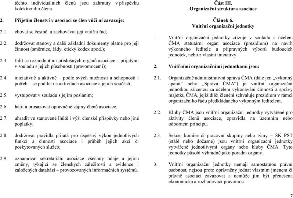 iniciativně a aktivně podle svých možností a schopností i potřeb se podílet na aktivitách asociace a jejich součástí; 2.5. vystupovat v souladu s jejím posláním; 2.6.