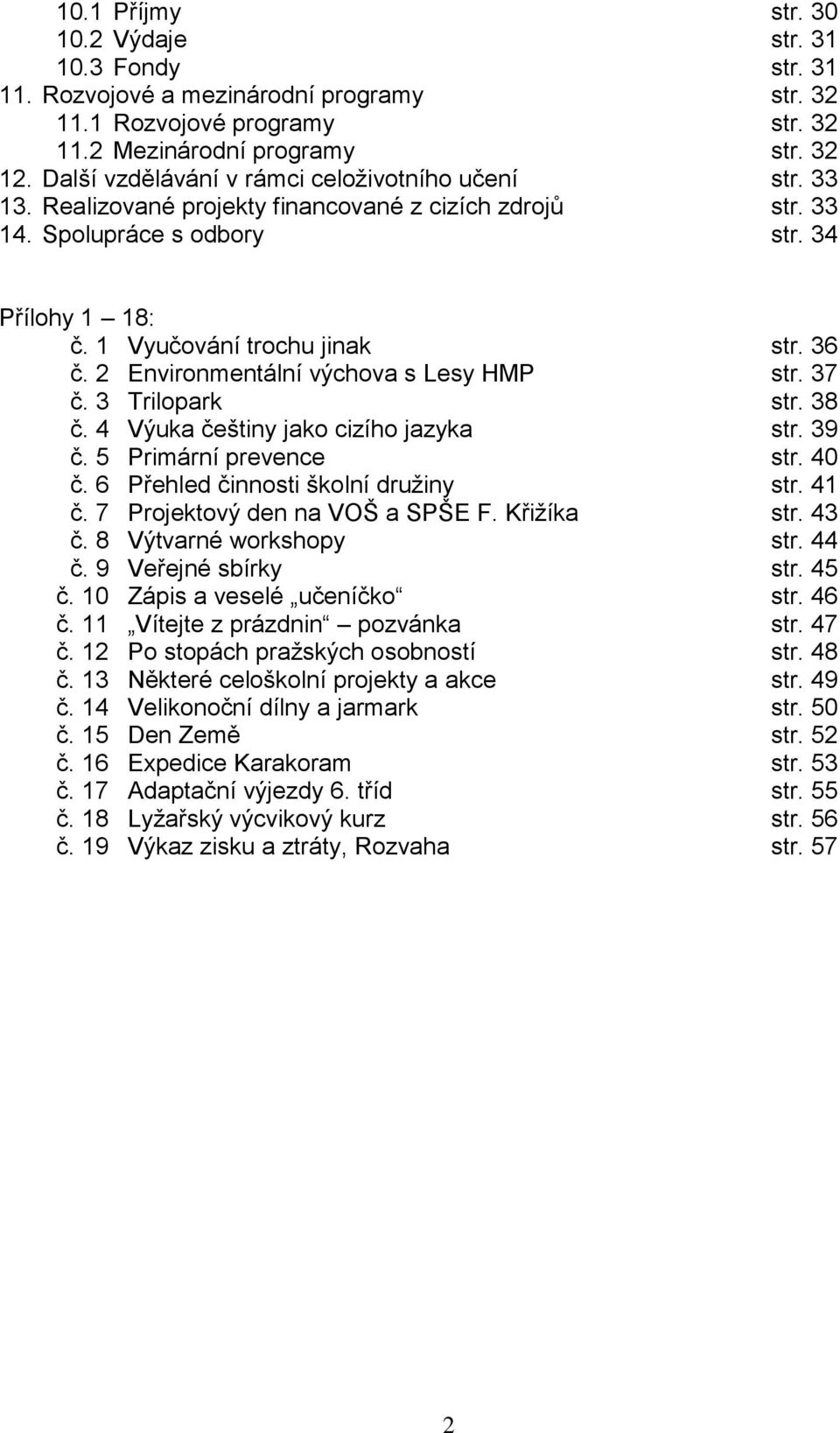 2 Environmentální výchova s Lesy HMP str. 37 č. 3 Trilopark str. 38 č. 4 Výuka češtiny jako cizího jazyka str. 39 č. 5 Primární prevence str. 40 č. 6 Přehled činnosti školní družiny str. 41 č.