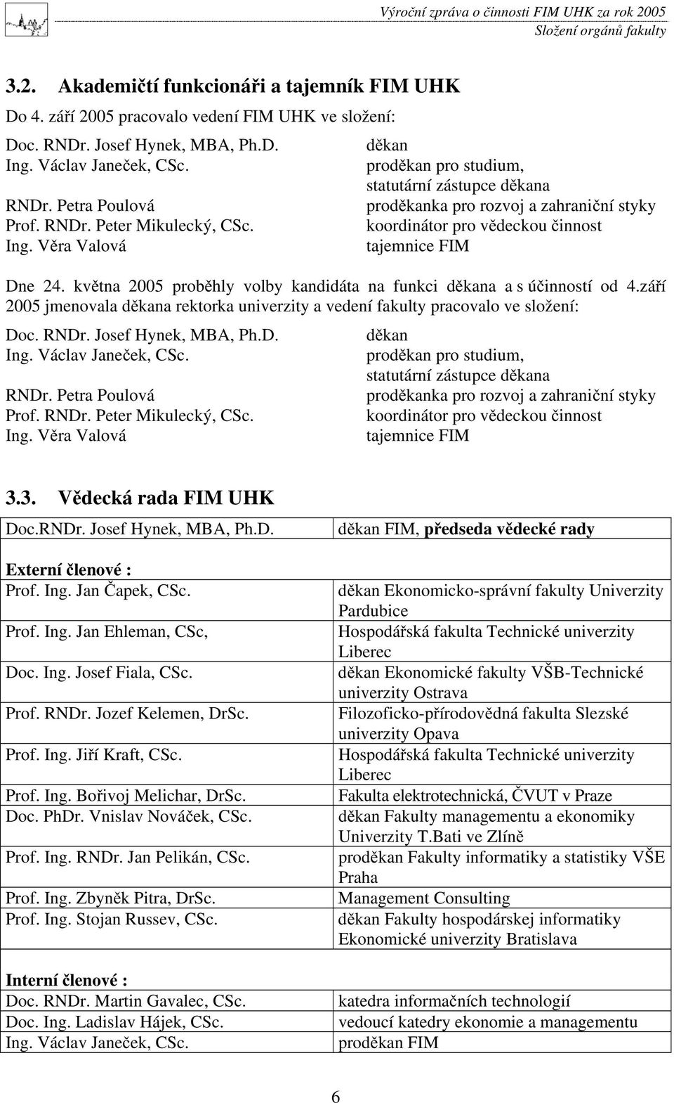 V ra Valová tajemnice FIM Dne 24. kv tna 2005 prob hly volby kandidáta na funkci d kana a s ú inností od 4.zá í 2005 jmenovala d kana rektorka univerzity a vedení fakulty pracovalo ve složení: Doc.