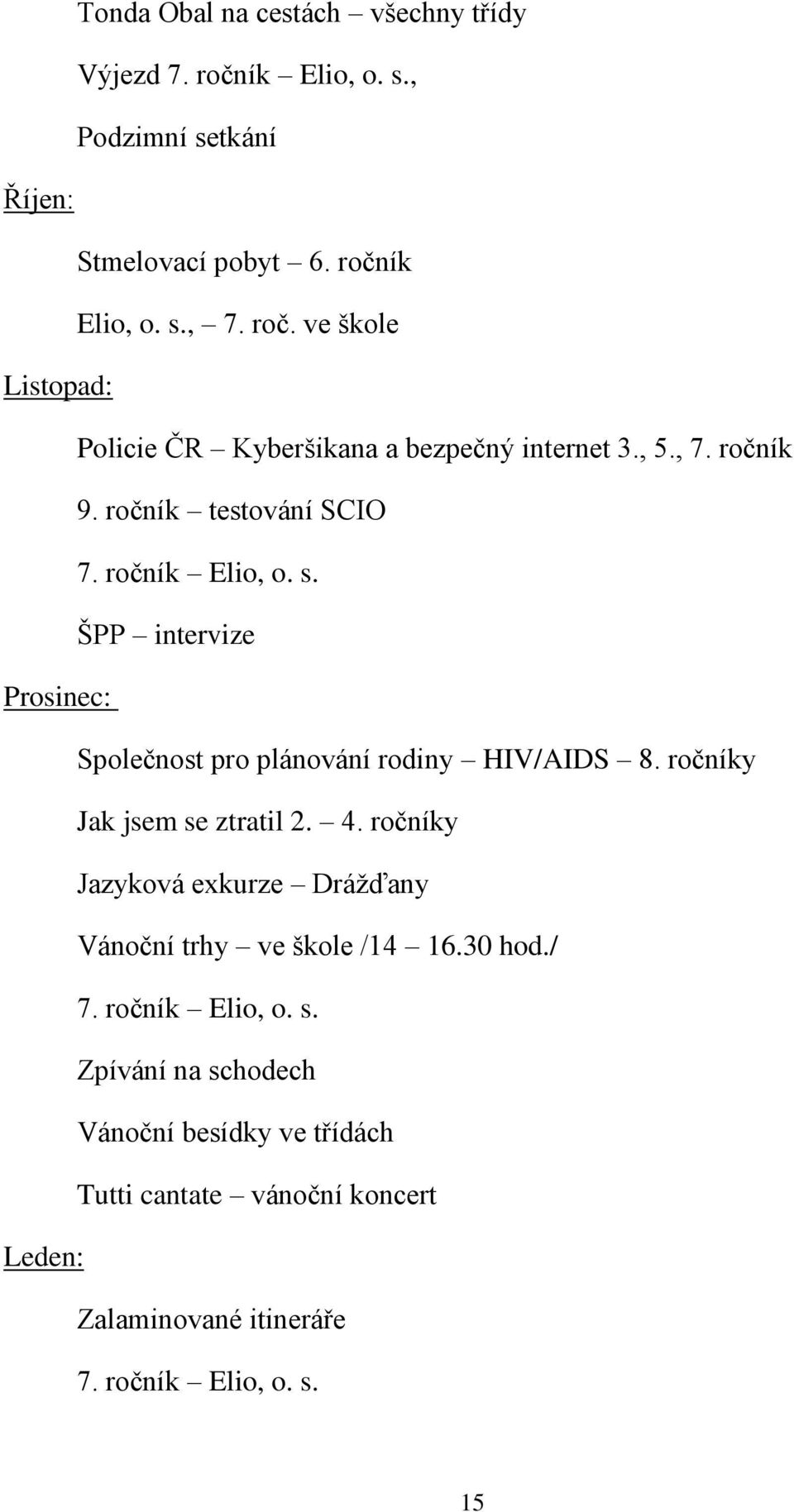 ročníky Jak jsem se ztratil 2. 4. ročníky Jazyková exkurze Drážďany Vánoční trhy ve škole /14 16.30 hod./ 7. ročník Elio, o. s. Zpívání na schodech Vánoční besídky ve třídách Tutti cantate vánoční koncert Leden: Zalaminované itineráře 7.