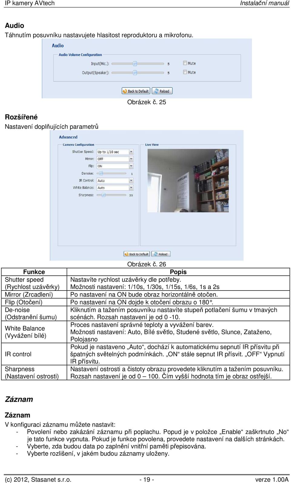 (Rychlost uzávěrky) Možnosti nastavení: 1/10s, 1/30s, 1/15s, 1/6s, 1s a 2s Mirror (Zrcadlení) Po nastavení na ON bude obraz horizontálně otočen.