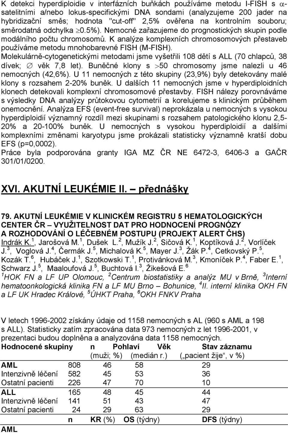 K analýze komplexních chromosomových přestaveb používáme metodu mnohobarevné FISH (M-FISH). Molekulárně-cytogenetickými metodami jsme vyšetřili 108 dětí s ALL (70 chlapců, 38 dívek; věk 7,8 let).