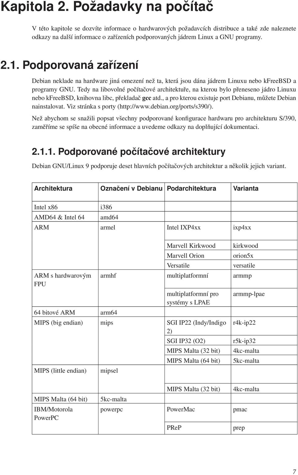 2.1. Podporovaná zařízení Debian neklade na hardware jiná omezení než ta, která jsou dána jádrem Linuxu nebo kfreebsd a programy GNU.