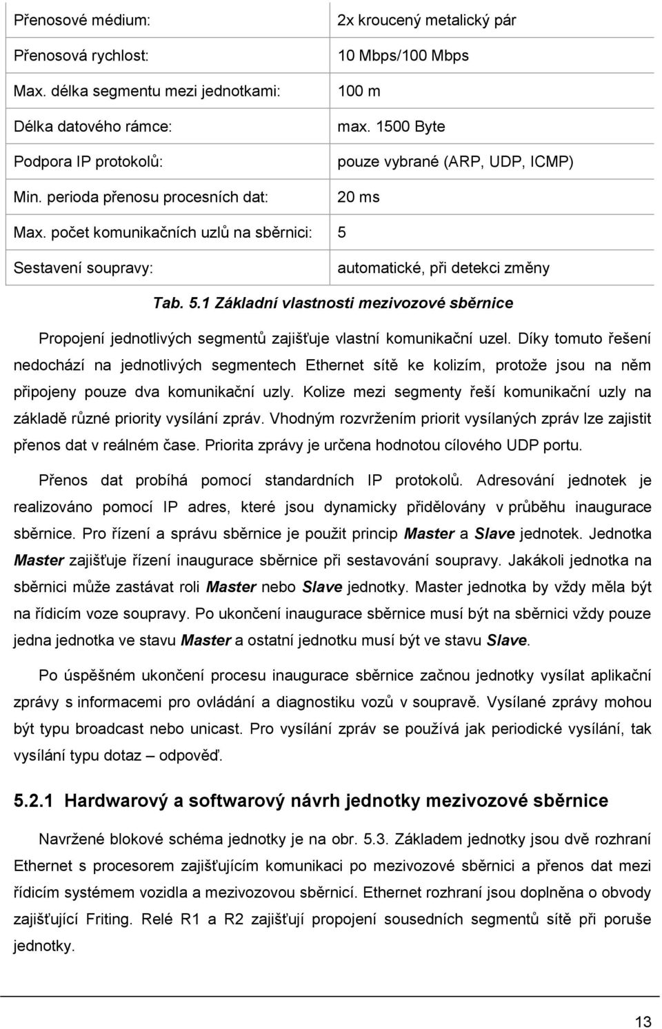 počet komunikačních uzlů na sběrnici: 5 Sestavení soupravy: automatické, při detekci změny Tab. 5.1 Základní vlastnosti mezivozové sběrnice Propojení jednotlivých segmentů zajišťuje vlastní komunikační uzel.