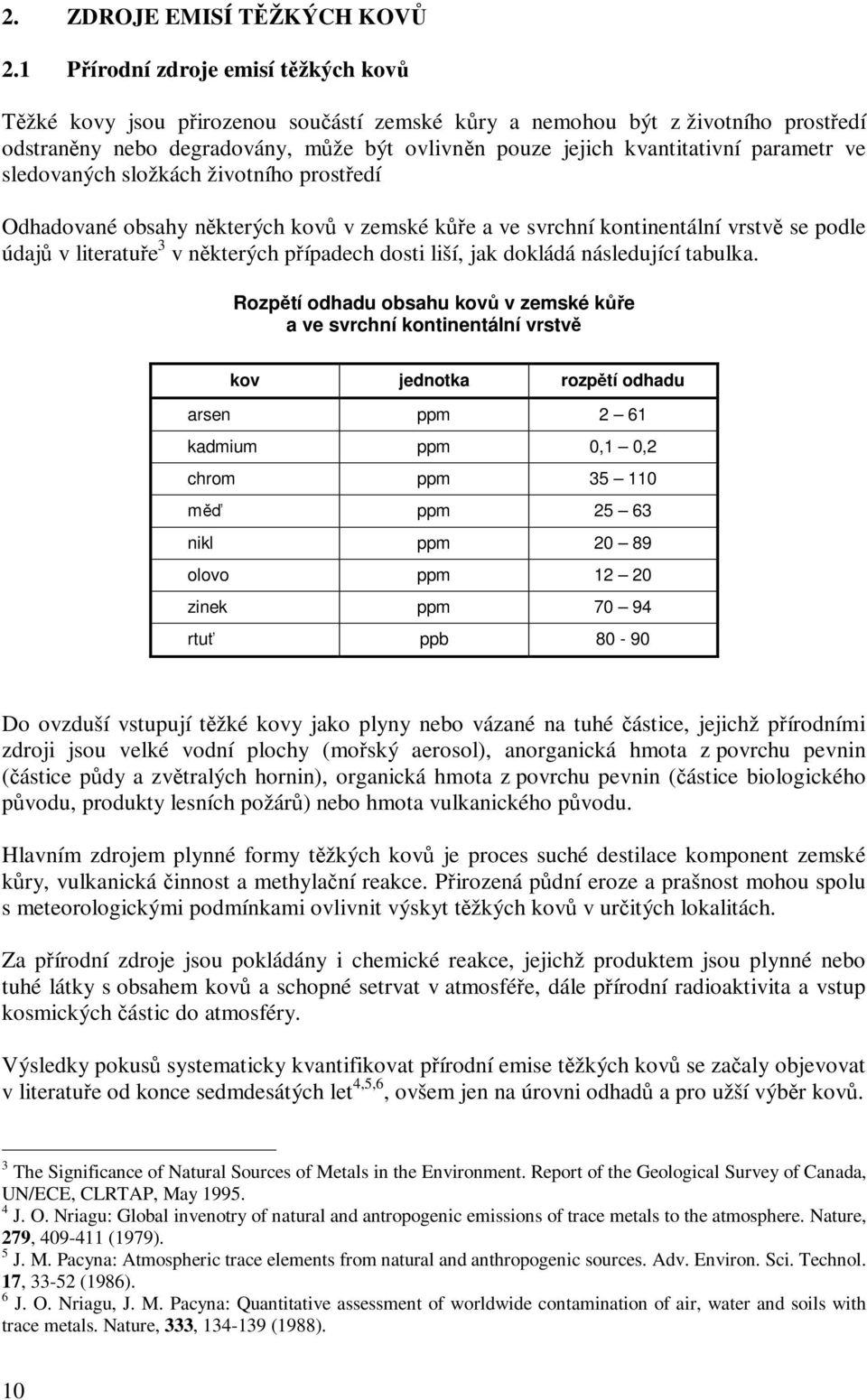 parametr ve sledovaných složkách životního prostředí Odhadované obsahy některých kovů v zemské kůře a ve svrchní kontinentální vrstvě se podle údajů v literatuře 3 v některých případech dosti liší,