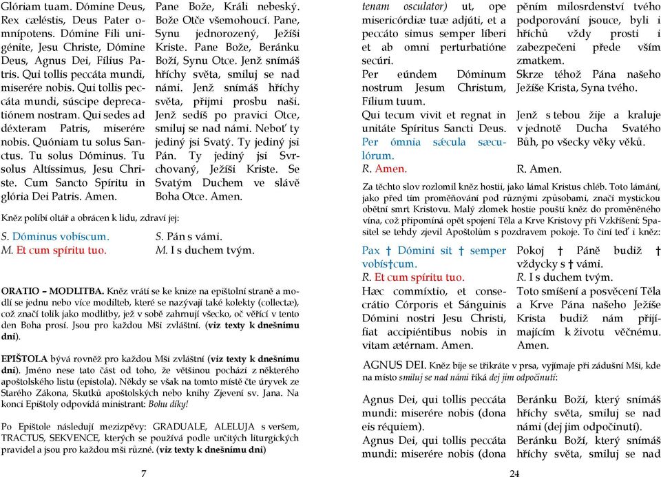 Cum Sancto Spíritu in glória Dei Patris. Kněz políbí oltář a obrácen k lidu, zdraví jej: S. Dóminus vobíscum. M. Et cum spíritu tuo. Pane Bože, Králi nebeský. Bože Otče všemohoucí.