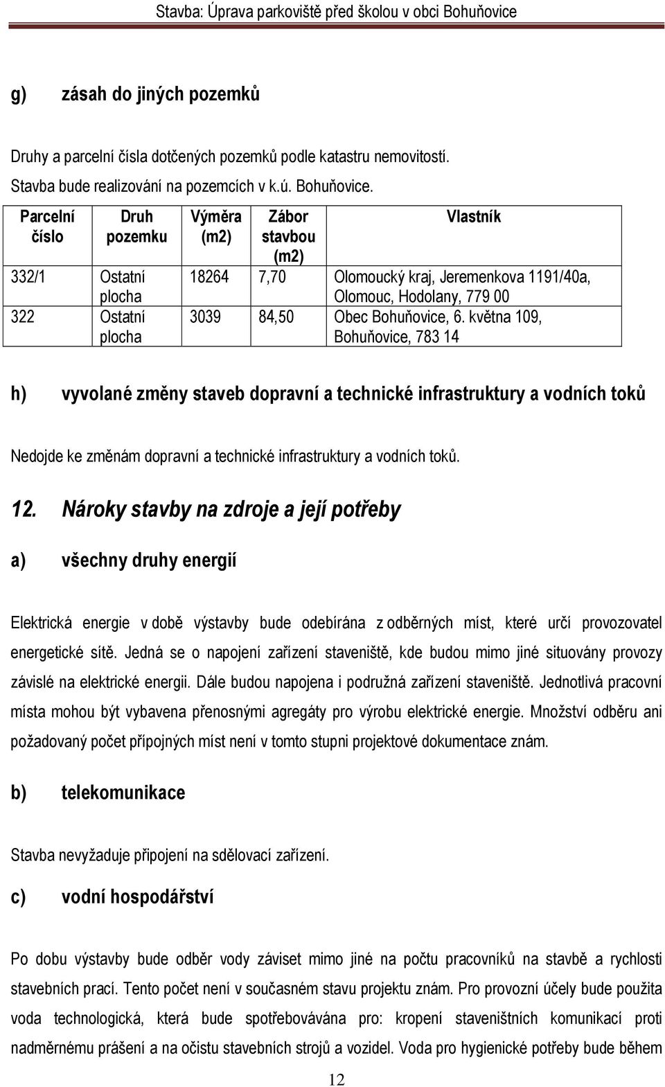 Bohuňovice, 6. května 109, Bohuňovice, 783 14 h) vyvolané změny staveb dopravní a technické infrastruktury a vodních toků Nedojde ke změnám dopravní a technické infrastruktury a vodních toků. 12.