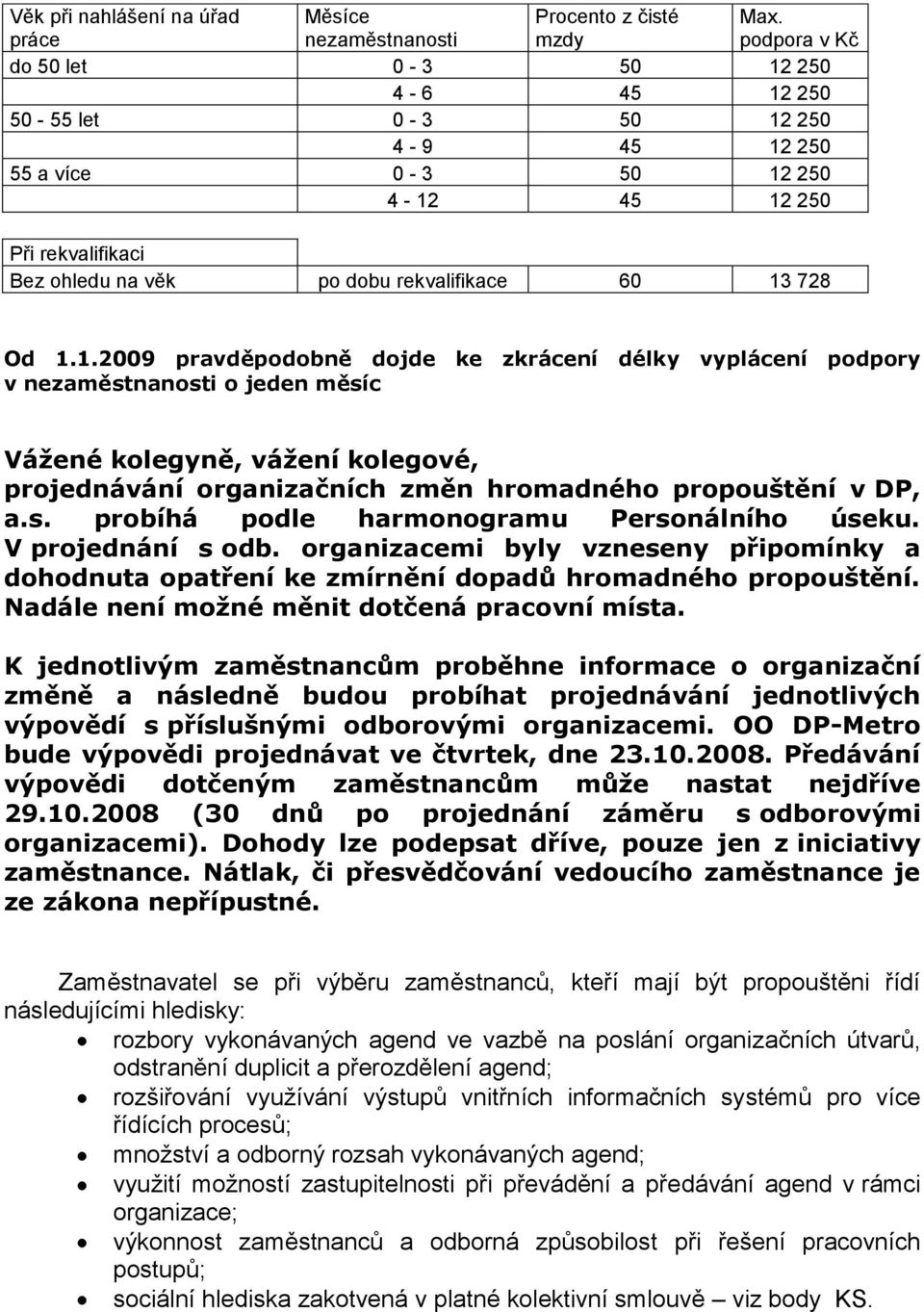 1.1.2009 pravděpodobně dojde ke zkrácení délky vyplácení podpory v nezaměstnanosti o jeden měsíc Vážené kolegyně, vážení kolegové, projednávání organizačních změn hromadného propouštění v DP, a.s. probíhá podle harmonogramu Personálního úseku.