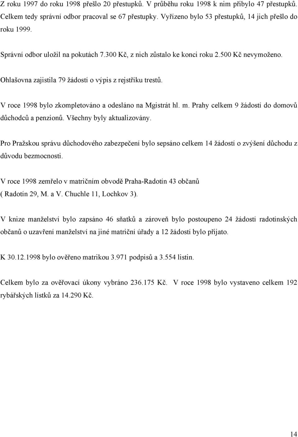 Ohlašovna zajistila 79 žádostí o výpis z rejstříku trestů. V roce 1998 bylo zkompletováno a odesláno na Mgistrát hl. m. Prahy celkem 9 žádostí do domovů důchodců a penzionů.